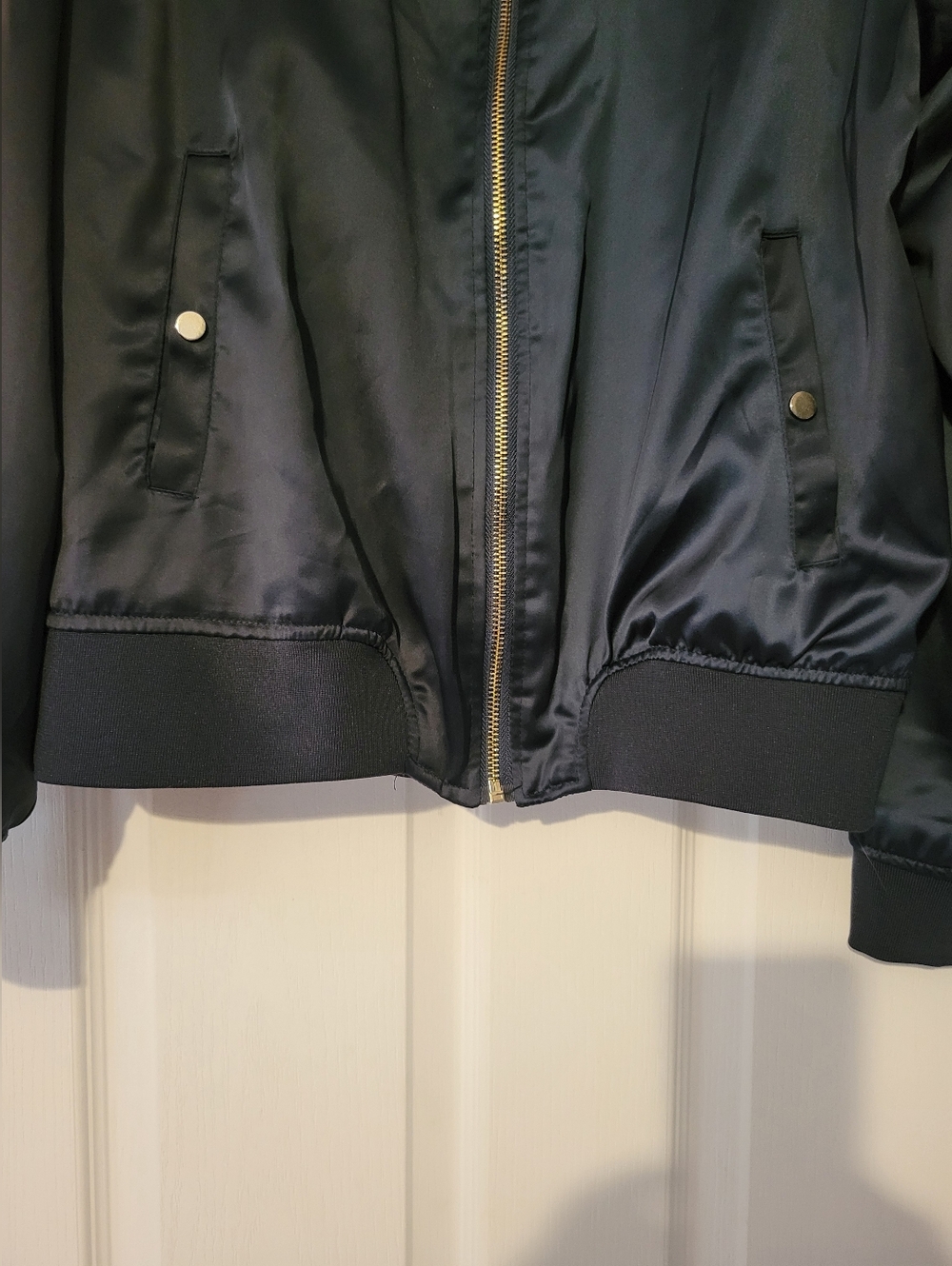 Ardene Navy Satin Bomber Jacket with Gold Zipper SZ. L - Picture 7 of 9